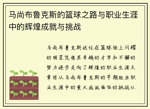 马尚布鲁克斯的篮球之路与职业生涯中的辉煌成就与挑战